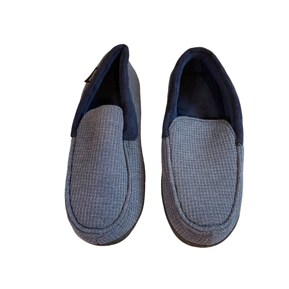 HomeTop Mens Size 9  Slippers Navy Gray Memory Foam Waffle Knit Design